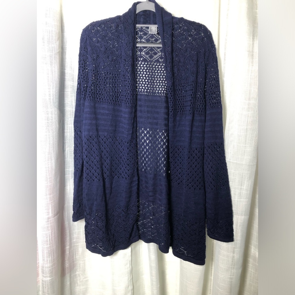 Navy Open-Knit Crochet Women's Sweater size 14 NWOT - Picture 2 of 11